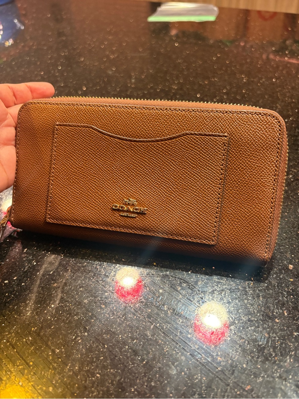 Coach Brown Textured Leather Zip Wallet with Exterior Card Slot